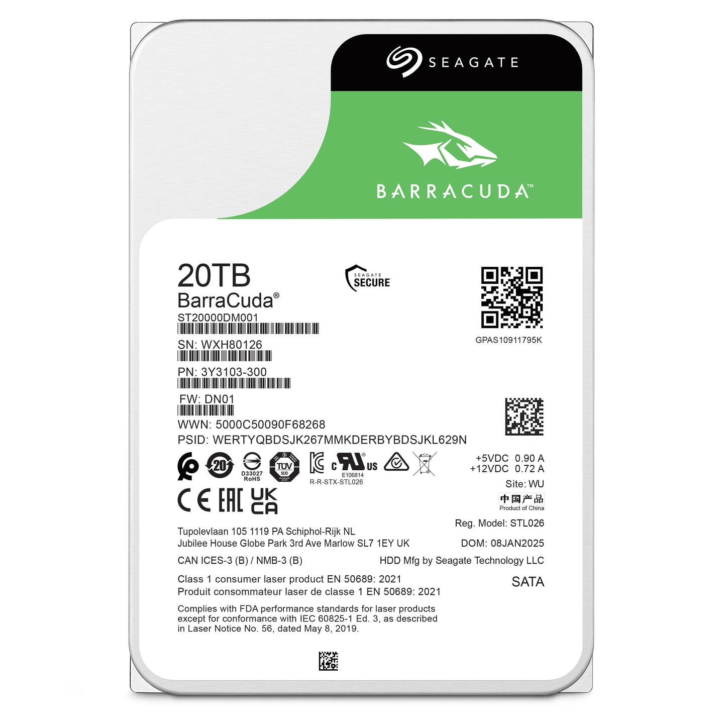 Seagate BarraCuda ST20000DM001 20TB 7200 RPM SATA 6.0Gb/s 3.5" Internal Hard Drive Bare Drive