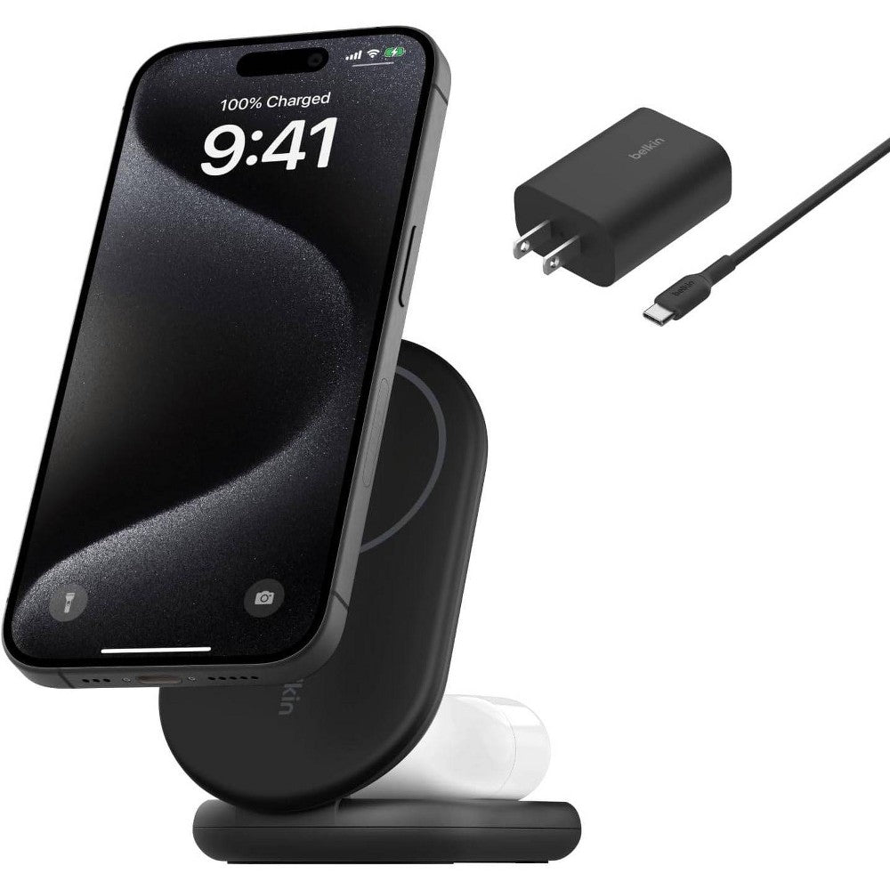 Belkin BoostCharge 2-in-1 Magnetic Foldable Wireless Charger with Qi2 15W - For Qi2-enabled Device, iPhone, AirPod - Input connectors: USB - Foldable, Magnetic, LED Indicator, Compact, Anti-slip, Fast Charging