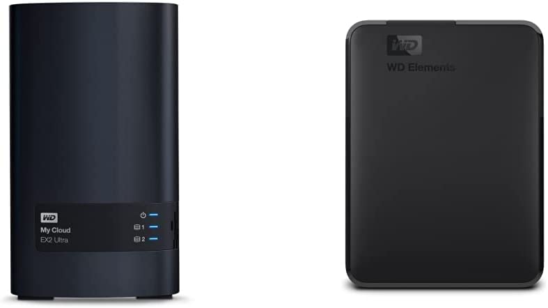 Western digital WD 12TB My Cloud EX2 Ultra Network Attached Storage - NAS - WDBVBZ0120JCH-NESN and WD 5TB Elements Portable HDD, External Hard Drive, USB 3.0 for PC & Mac, Plug and Play Ready - WDBU6Y0050BBK-WESN