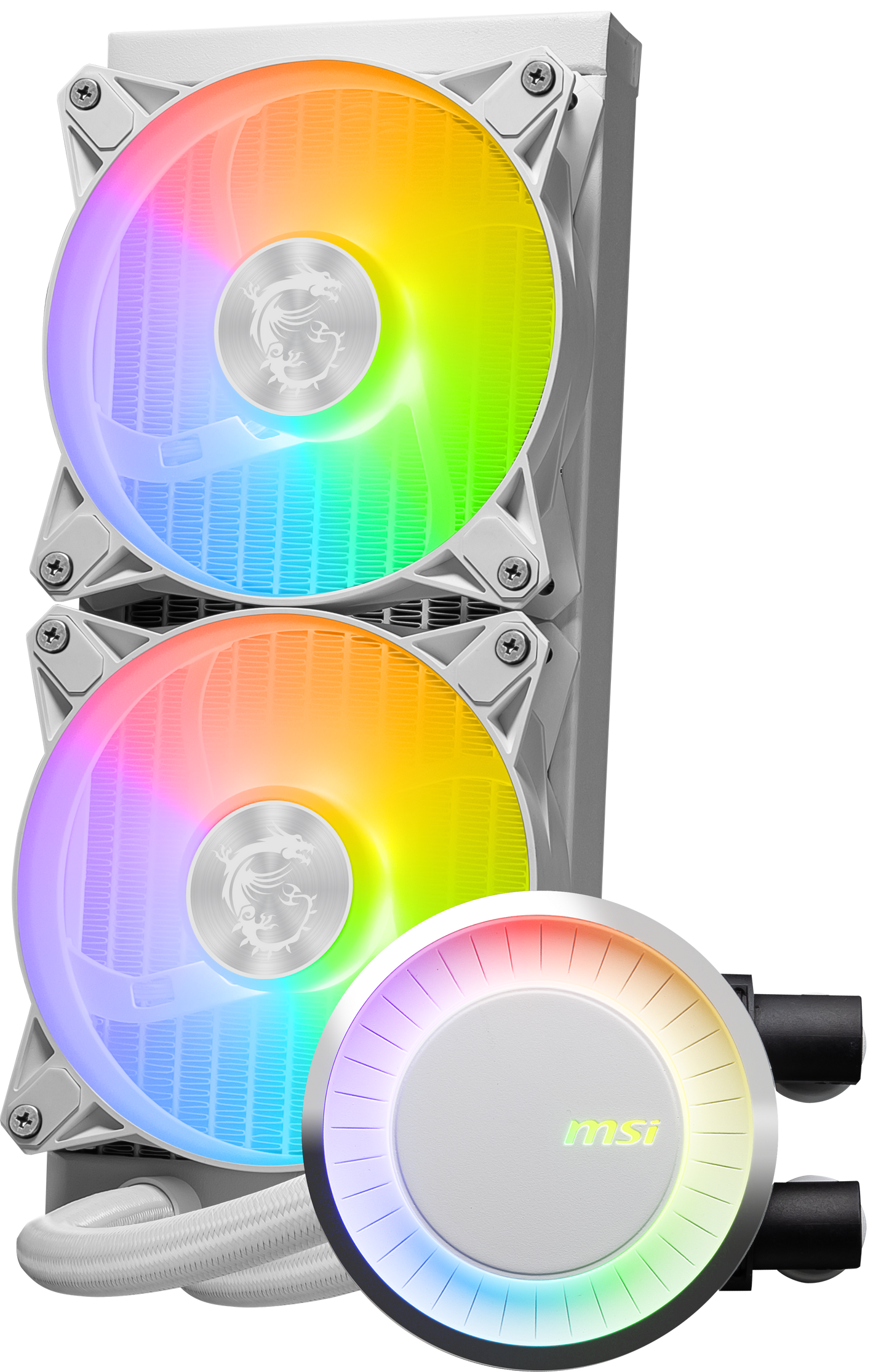 MSI MAG CoreLiquid E240 White - AIO ARGB CPU Liquid Cooler - Rotating Cap Design - 240mm Radiator - Dual 120mm ARGB PWM Fans - LGA 1700 Ready / AM5 Compatible