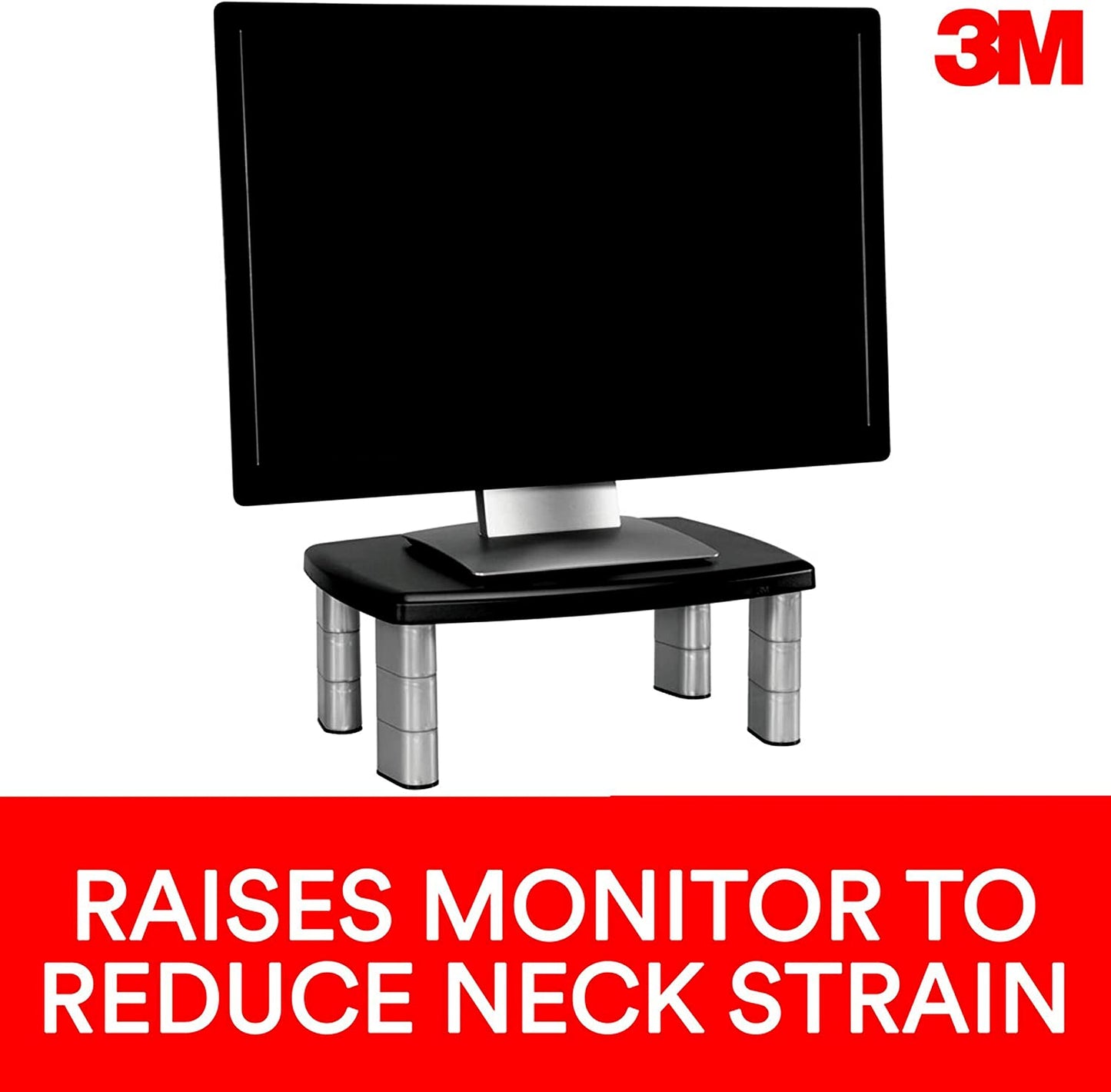 3M Adjustable Monitor Stand Riser, Three Leg Segments Simply Adjust Height, Sturdy Platform Holds Up to 80 lbs for Monitors, Laptops, and Printers, Space for Storage Underneath, Silver/Black (MS80B) - Dealtargets.ca