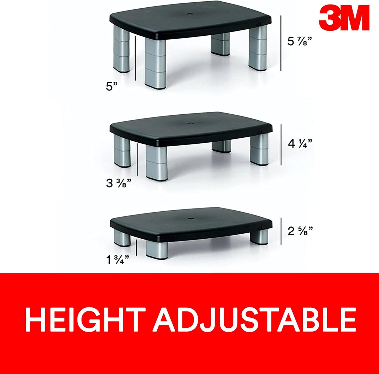 3M Adjustable Monitor Stand Riser, Three Leg Segments Simply Adjust Height, Sturdy Platform Holds Up to 80 lbs for Monitors, Laptops, and Printers, Space for Storage Underneath, Silver/Black (MS80B) - Dealtargets.ca