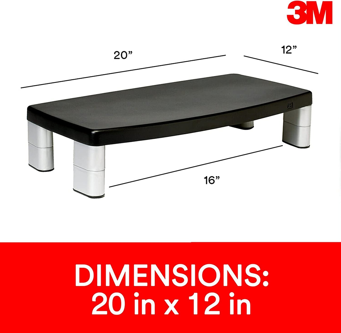 3M Extra Wide Adjustable Monitor Stand, Three Leg Segments Simply Adjust Height from 1" to 5 7/8", Sturdy Platform Holds Up to 40 lbs, 16 - inch Space Between Columns for Storage, Silver/Black (MS90B) 20 - Inches Wide 1 Pack - Dealtargets.ca