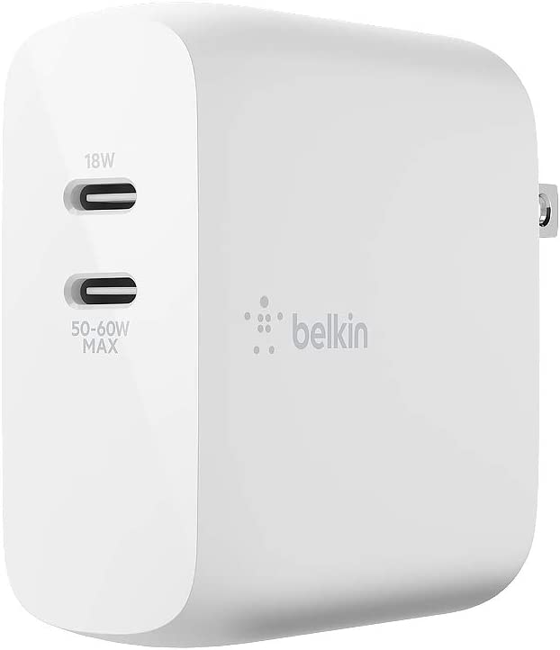 Belkin USB-PD GaN Charger 68W, White & BoostCharge Pro Flex Braided USB Type C to C Cable (2M/6.6FT), USB-IF Certified Power Delivery PD Fast Charging Cable White Standalone Charger + Cable White