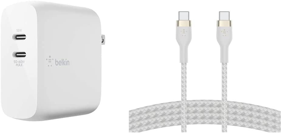Belkin USB-PD GaN Charger 68W, White & BoostCharge Pro Flex Braided USB Type C to C Cable (2M/6.6FT), USB-IF Certified Power Delivery PD Fast Charging Cable White Standalone Charger + Cable White