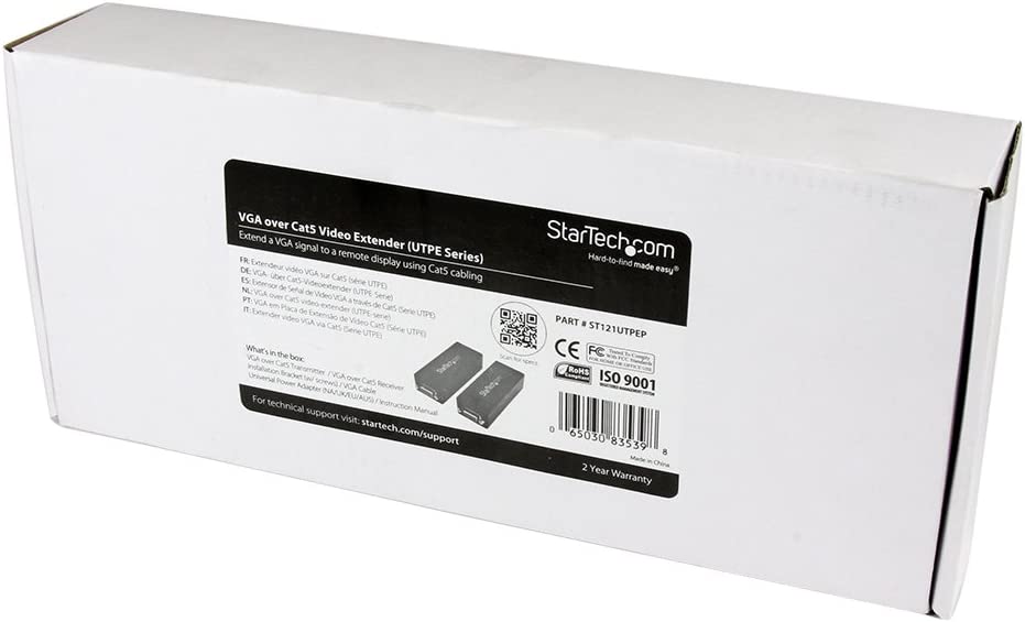 StarTech.com VGA Over CAT5 Extender – 250 ft (80m) – 1 Local and 1 Remote Unit - VGA Video Over Ethernet Extender Kit (ST121UTPEP) Black No Audio Support Single power adapter