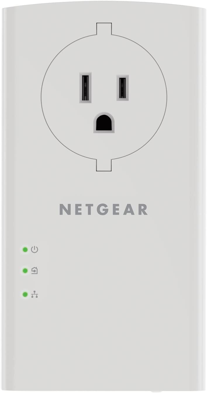 NETGEAR Powerline adapter Kit, 2000 Mbps Wall-plug, 2 Gigabit Ethernet Ports with Passthrough + Extra Outlet (PLP2000-100PAS) 2 Gbps Kit with Extra Outlet