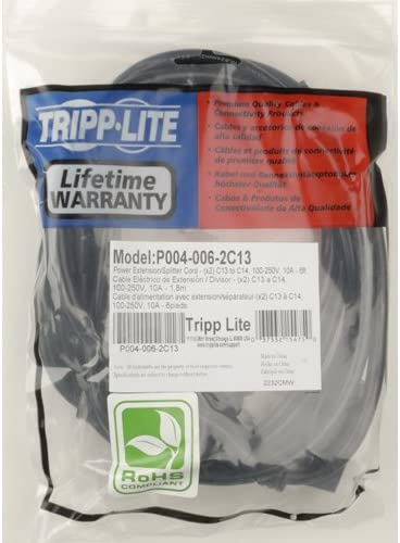 Tripp Lite Computer Power Extension Cord Y Splitter Cable 10A, 18AWG (IEC-320-C14 to 2x IEC-320-C13) 6-ft.(P004-006-2C13),Black