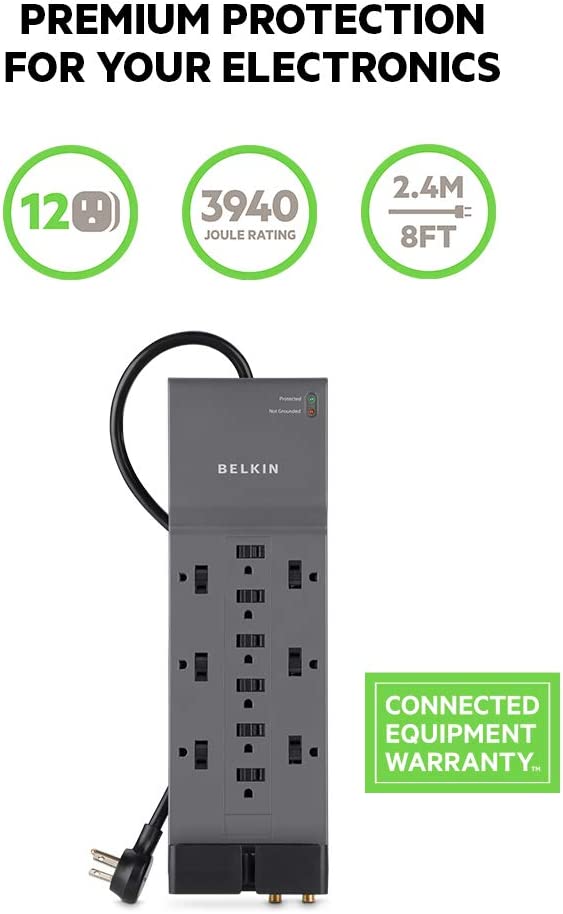 Belkin Power Strip Surge Protector - 12 AC Multiple Outlets & 8 ft Long Flat Plug Heavy Duty Extension Cord for Home, Office, Travel, Computer Desktop, Laptop & Phone Charging Brick (3,940 Joules) 1 Pack