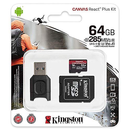 Kingston 64GB microSDXC Canvas React Plus 285MB/s Read UHS-II, C10, U3, V90, A1 Memory-Card +Adapter (MLPMR2/64GBCR)