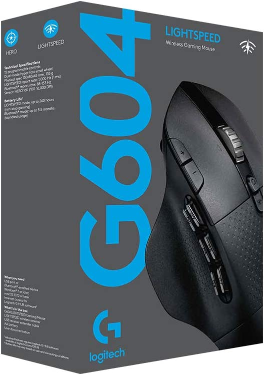 Logitech G604 LIGHTSPEED Wireless Gaming Mouse with 15 programmable controls, up to 240 hour battery life, dual wireless connectivity modes, hyper-fast scroll wheel - Black Mouse Only