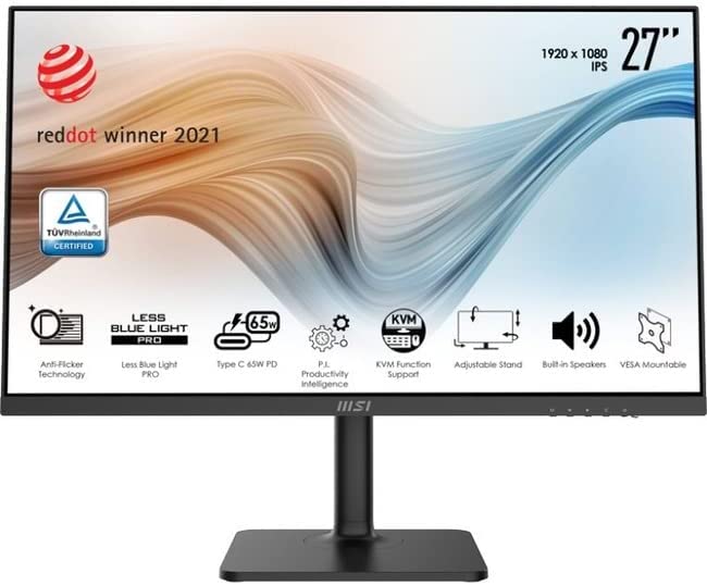 MSI Modern MD272P, 27", 1920 x 1080 (FHD), IPS, 75Hz, TUV Certified Eyesight Protection, 5ms, HDMI, Displayport, USB C, Tilt, Swivel, Height Adjustable, Pivot