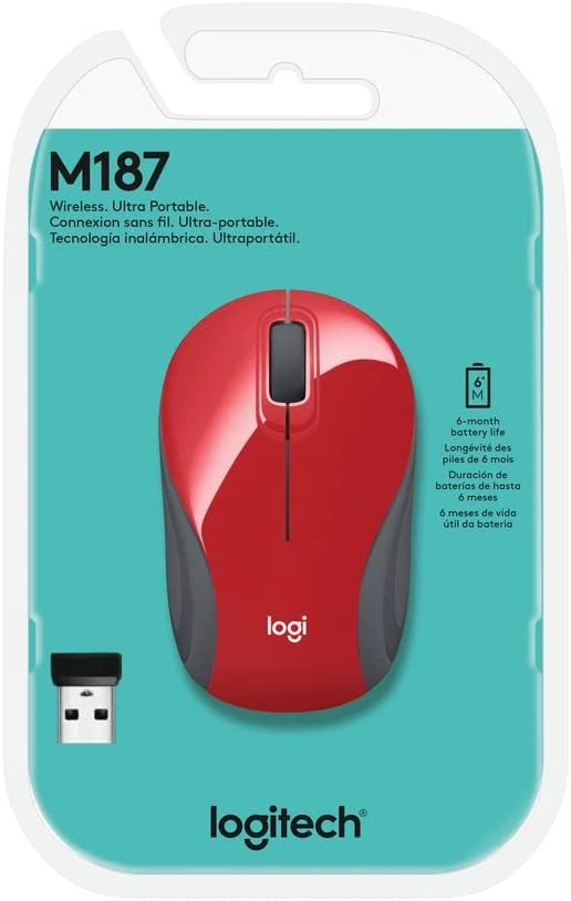 Logitech Wireless Mini Mouse M187 Ultra Portable, 1000 DPI Optical Tracking, 3-Buttons, PC/Mac/Laptop - Red
