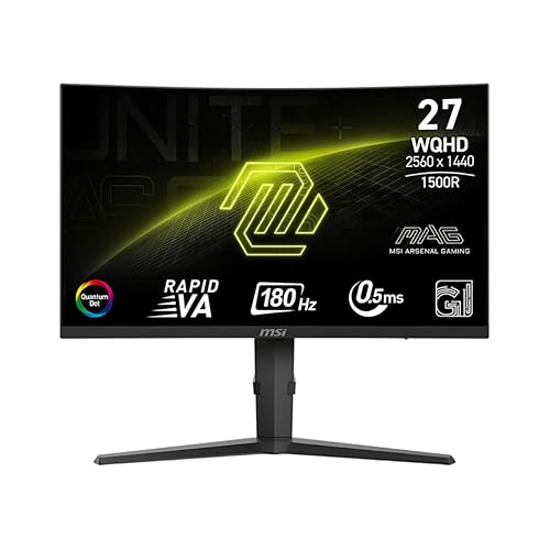 MSI MAG 275CQRF QD E2 27-inch 2560 x 1440 (QHD) Monitor, 180Hz, Free-Sync, HDMI, DisplayPort, VGA Port, VESA Mountable, Tilt, Speaker, 0.5ms, Black