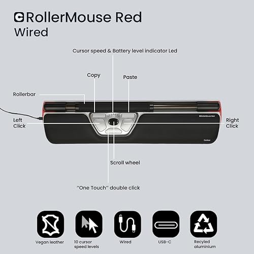 Contour Design RollerMouse Red– Ergonomic Mouse with Memory Foam Palm Support | Ideal for RSI and Carpal Tunnel | Mac & PC Compatible | Ambidextrous Wired Mouse for PC, Mac & Laptop
