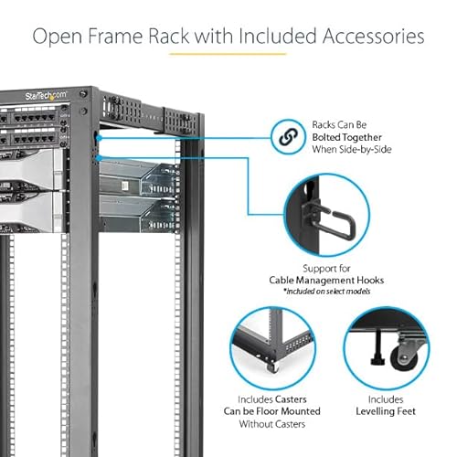 StarTech.com 4-Post 25U Mobile Open Frame Server Rack, 19in Network Rack with Wheels, Rolling Rack for Computer/AV/Data/IT Equipment - Casters, Leveling Feet or Floor Mounting (4POSTRACK25U) 25U Rack
