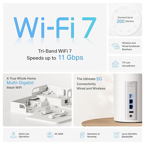 TP-Link Deco BE11000 Tri-Band WiFi 7 Mesh (Deco BE65 Pro) - 11 Gbps, 6 GHz/5 GHz/2.4 GHz Bands, 5 Gbps Ports, MLO, 320 MHz Channels, HomeShield, Universal Compatibility - 3-Pack Wi-Fi 7 | BE11000 Tri-Band 5G Port, 2.5G Port 3-Pack