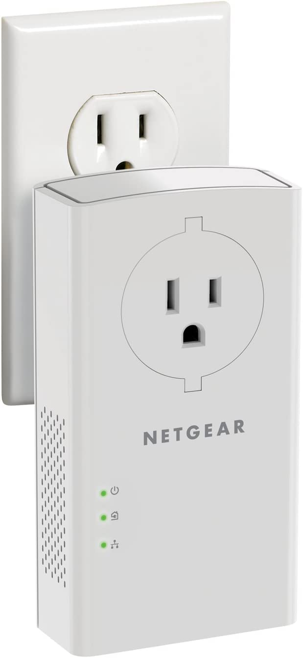 NETGEAR Powerline adapter Kit, 2000 Mbps Wall-plug, 2 Gigabit Ethernet Ports with Passthrough + Extra Outlet (PLP2000-100PAS) 2 Gbps Kit with Extra Outlet