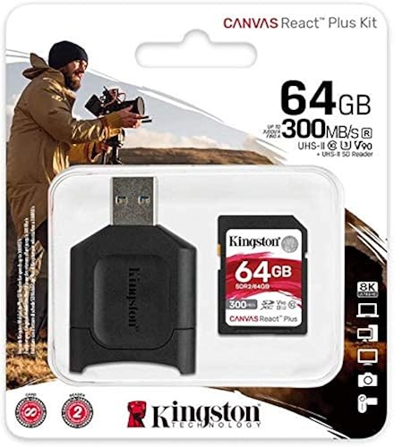 Kingston 64GB SDXC Canvas React Plus 300MB/s Read UHS-II, C10, U3, V90 Memory Card (MLPR2/64GBCR)