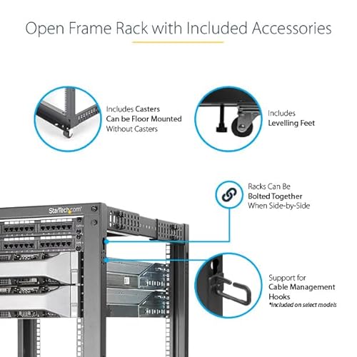 StarTech.com 4-Post 12U Mobile Open Frame Server Rack, 19in Network Rack with Wheels, Rolling Rack for Computer/AV/Data/IT Equipment - Casters, Leveling Feet or Floor Mounting (4POSTRACK12U) 12U Rack