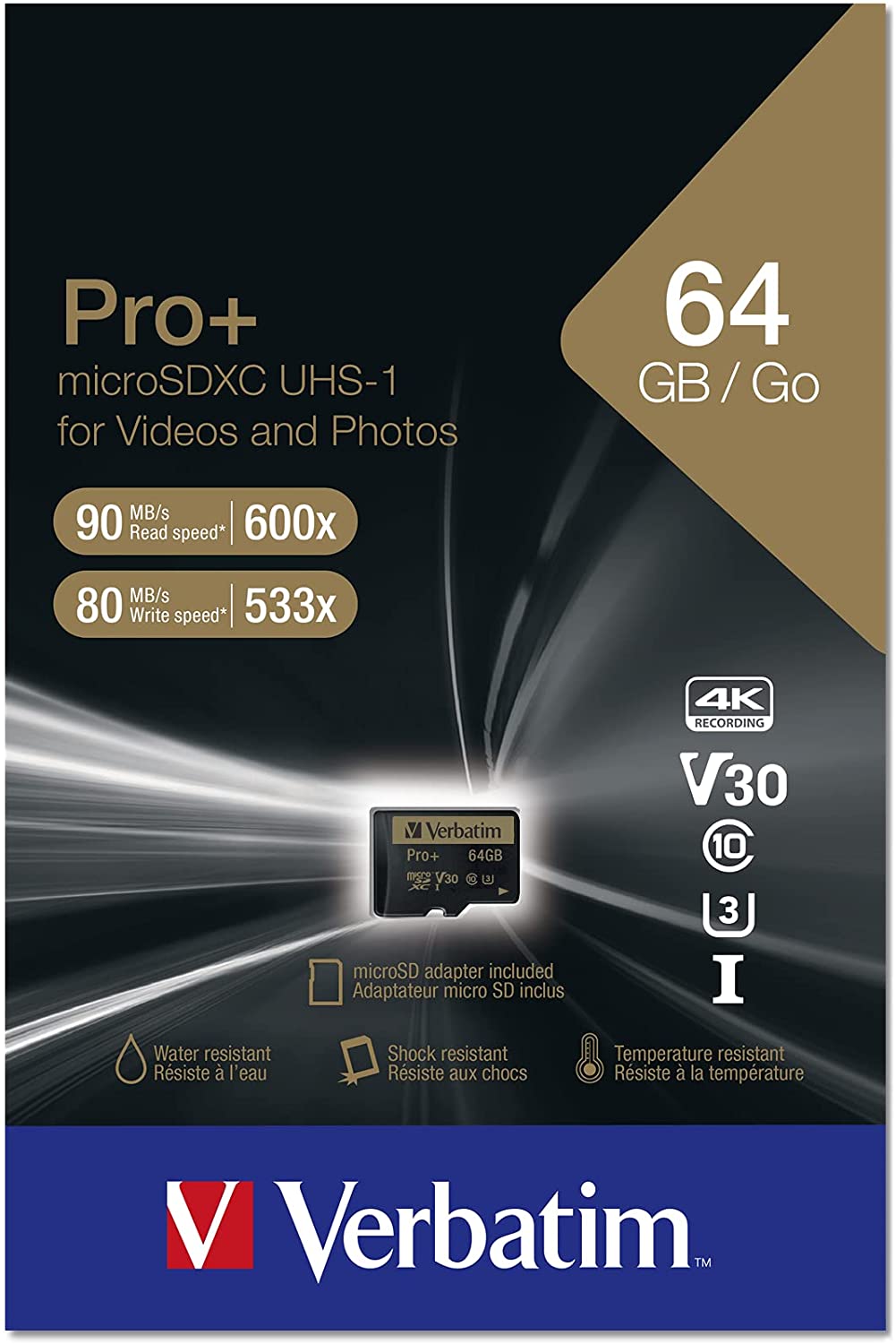 Verbatim 64GB Pro Plus 600X microSDXC Memory Card with Adapter, UHS-I V30 U3 Class 10 64GB Pro+