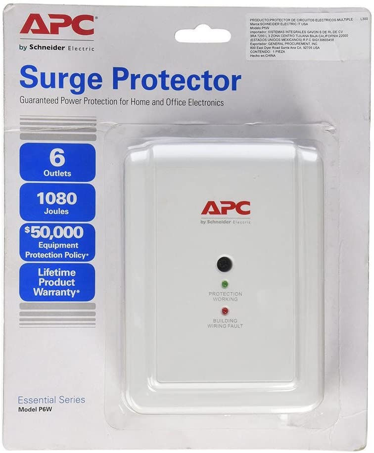 APC Wall Outlet Multi Plug Extender, P6W, (6) AC Multi Plug Outlet, 1080 Joule Surge Protector white Outlets Only