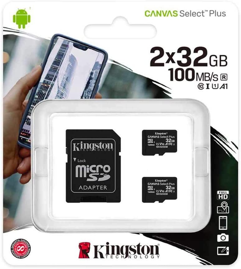 Kingston - Set of 2 Micro SDXC Canvas Select Plus Cards, 100R, A1, C10, 32GB with 1 Adapter