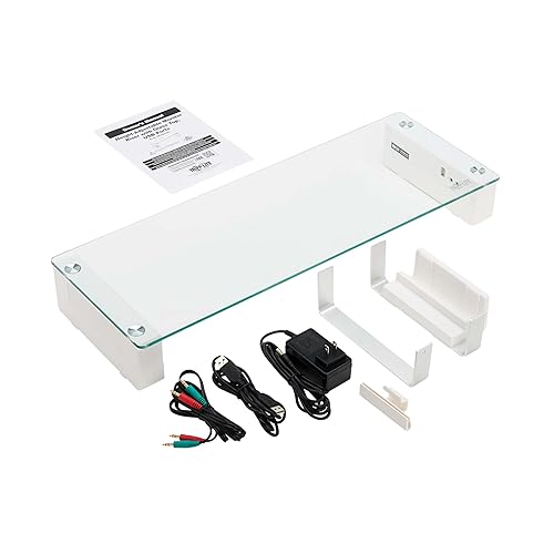 Tripp Lite Monitor Stand with 5 USB Ports & Audio Ports, Glass Top Desk Riser, Adjustable Height, Smartphone Stand | Laptop Computer iMac Stand - Office & Desk Organizer | 5-Year Warranty (MR248USBG)