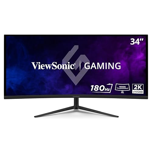 ViewSonic VX3418C-2K 34 Inch UltraWide QHD 1440p Curved Gaming Monitor with 180Hz, 1ms, 21:9, Advanced Ergonomics, FreeSync Premium, HDR10, HDMI, and DisplayPort Inputs