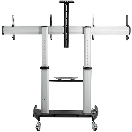 StarTech.com Dual TV Cart for 37-60in VESA TVs up to 110lb/50kg Each - Height Adjustable TV Mount, Mobile Display Cart w/Equipment Shelves - Rolling TV Cart on Wheels - Rolling TV Stand (STNDMTVDUO) Dual TV 37-60