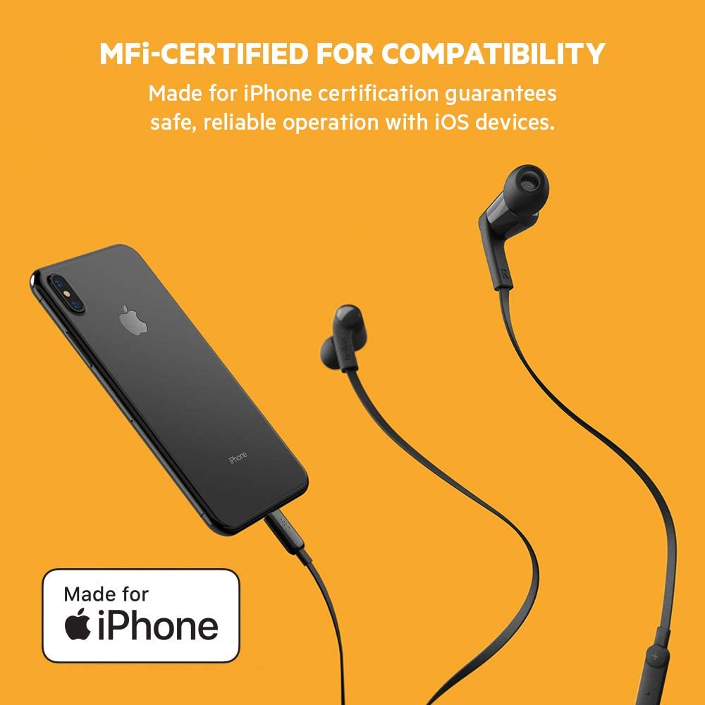 Belkin SoundForm Headphones with Lightning Connector, MFi Certified In-Ear Earphones HeadSet with Microphone, EarBuds with Water & Sweat Resistant for iPhone 13, Pro, Max, 12, Mini, and More (Black) Lightning Black