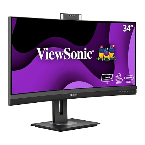 ViewSonic VG3457CV 34 Inch Ultrawide QHD 1440p Curved Video Conferencing Docking Monitor with Windows Hello Compatible IR Webcam, Advanced Ergonomics, and 100W USB C for Home and Office
