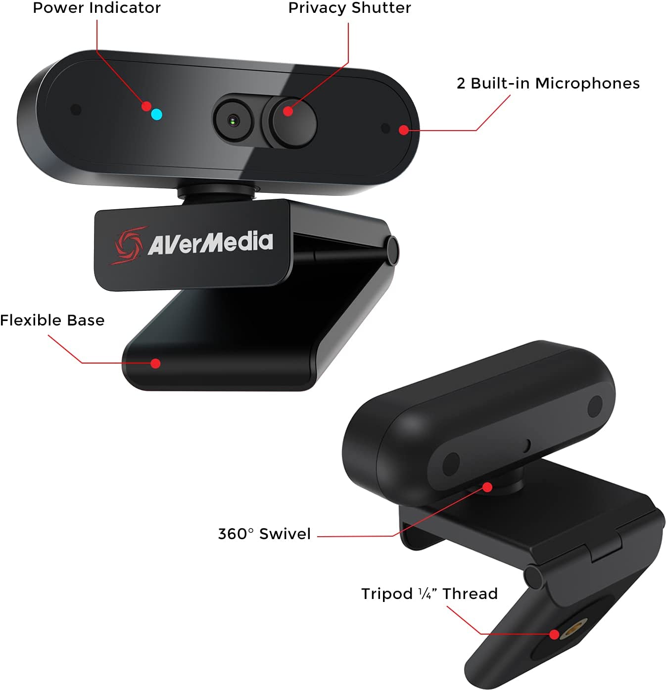 AVerMedia PW310P Webcam - Full 1080p 30fps HD Camera with Autofocus and Dual Stereo Microphones, Work from Home, Remote Learning. 1080p 30fps Auto focus