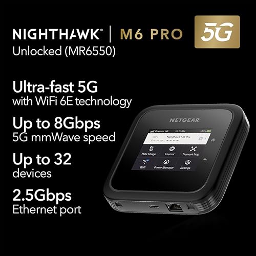 NETGEAR Nighthawk M6 Pro 5G mm Wave WiFi 6E Mobile Hotspot Router (MR6550) – Portable Business Companion for Fast, Secure Connections Up to 8Gbps – Unlocked, International Roaming in 125+ Countries