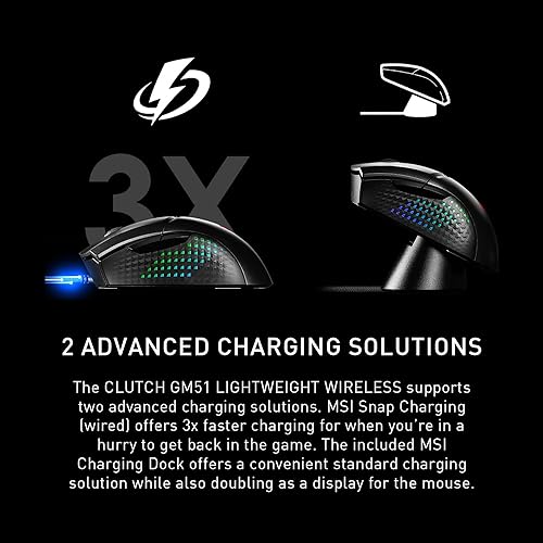 MSI Clutch GM51 Lightweight Wireless Gaming Mouse & Charging Dock, 26K DPI Optical Sensor, 2.4G & Bluetooth, 60M Omron Switches, Fast-Charging, 150Hr Battery, RGB, 5 Programmable Buttons, PC/Mac