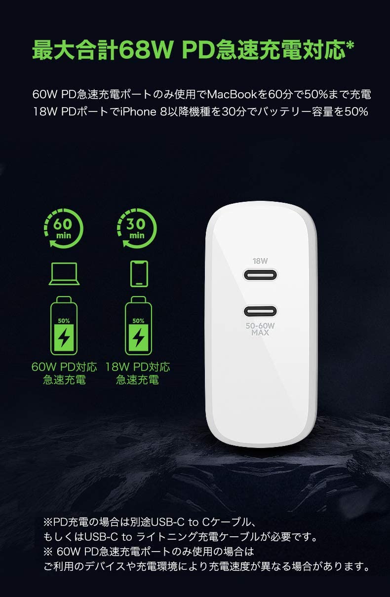Belkin USB-PD GaN Charger 68W, White & BoostCharge Pro Flex Braided USB Type C to C Cable (2M/6.6FT), USB-IF Certified Power Delivery PD Fast Charging Cable White Standalone Charger + Cable White