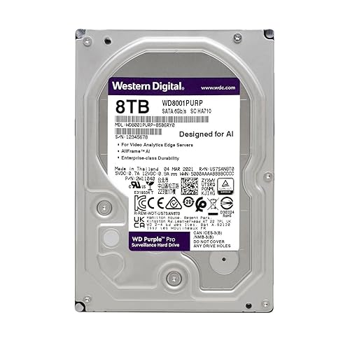 Western Digital WD Purple Pro Surveillance Internal 8TB Hard Drive HDD WD8001PURP - 7200 RPM, SATA 6 Gb/s, 256 MB Cache, 3.5