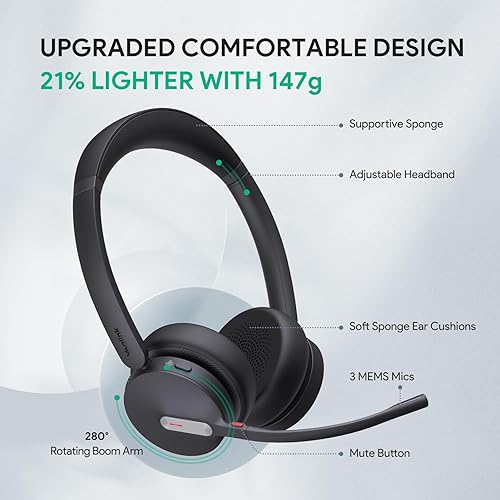 Yealink BH70 UC Wireless Bluetooth Headset with Microphone for Work, up to 35h Talking Battery Life, 3-Mic Noise Cancellation Headsets for Computer, 147g Lightweight Headphone for Open Office, USB-A