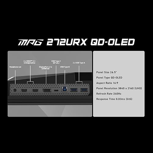 MSI MPG 272URX QD-OLED 27-inch 3840 x 2160 (UHD) Computer Monitor, 240Hz, Adaptive-Synch, HDMI, DP Port, VESA Mountable, Tilt, Speaker, 0.03ms, Black