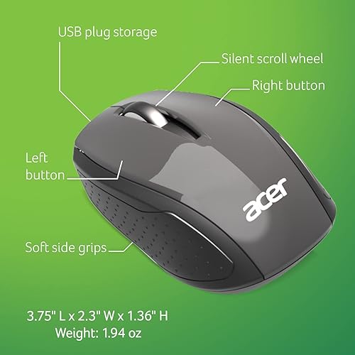 Acer RF Wireless Mouse (Gray/Black), Works with Chromebook, with USB Plug and Play for Right/Left Handed Users (for Chromebooks, Windows PC & Mac) Gray/Black Chromebook Mouse