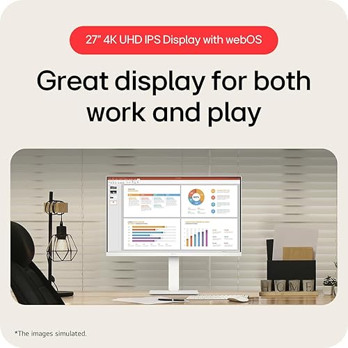LG 27” 4K UHD (3840x2160) IPS Smart Monitor, webOS, 90% DCI-P3, USB-C PD 65W, AirPlay 2, 27U730SA
