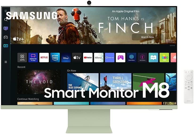 SAMSUNG M8 Series 32-Inch 4K UHD Smart Monitor & Streaming TV with Slim-fit Webcam for PC-less Experience, Netflix, HBO, Prime VOD, & more, Apple Airplay, WiFI, BT, Built-in Speakers, 2022, Green Spring Green 32-inch M80B Adjustable Stand