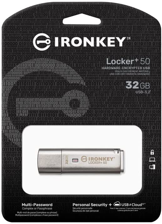 Kingston Ironkey Locker+ 50 32GB Encrypted USB Flash Drive | USB 3.2 Gen 1 | XTS-AES Protection | Multi-Password Security Options | Automatic Cloud Backup | Metal Casing | IKLP50/32GB
