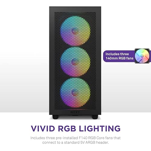 NZXT H7 Flow RGB CM-H71FB-R1 - Compact ATX Mid-Tower PC Gaming Case – High Airflow Perforated Front Panel – Tempered Glass Side Panel – 3 x F140 RGB Core Fans Included – 360mm Radiator Support – Black