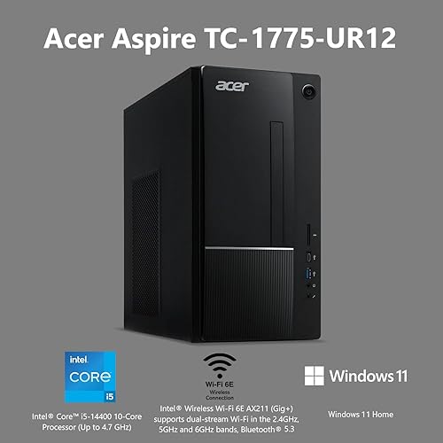 Acer TC-1775-UR12 Windows 11 Intel Core i5-14400 16GB Memory 512GB SSD Wireless Card WI-FI + BT Integrated Graphics 300W Power Supply USB Keyboard/Mouse