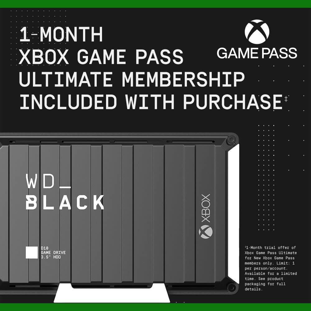 Western digital WD_BLACK 12TB D10 Game Drive for Xbox - Desktop External Hard Drive HDD (7200 RPM) with 1-Month Xbox Game Pass - WDBA5E0120HBK-NESN 12TB Xbox Hard Drive