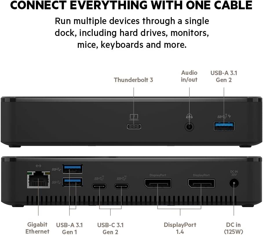 Belkin Thunderbolt 3 Dock Plus w/ 2.6ft Thunderbolt 3 Cable (Thunderbolt Dock for macOS and Windows) Dual 4K @60Hz, 40Gbps Transfer Speeds, 60W Upstream Charging