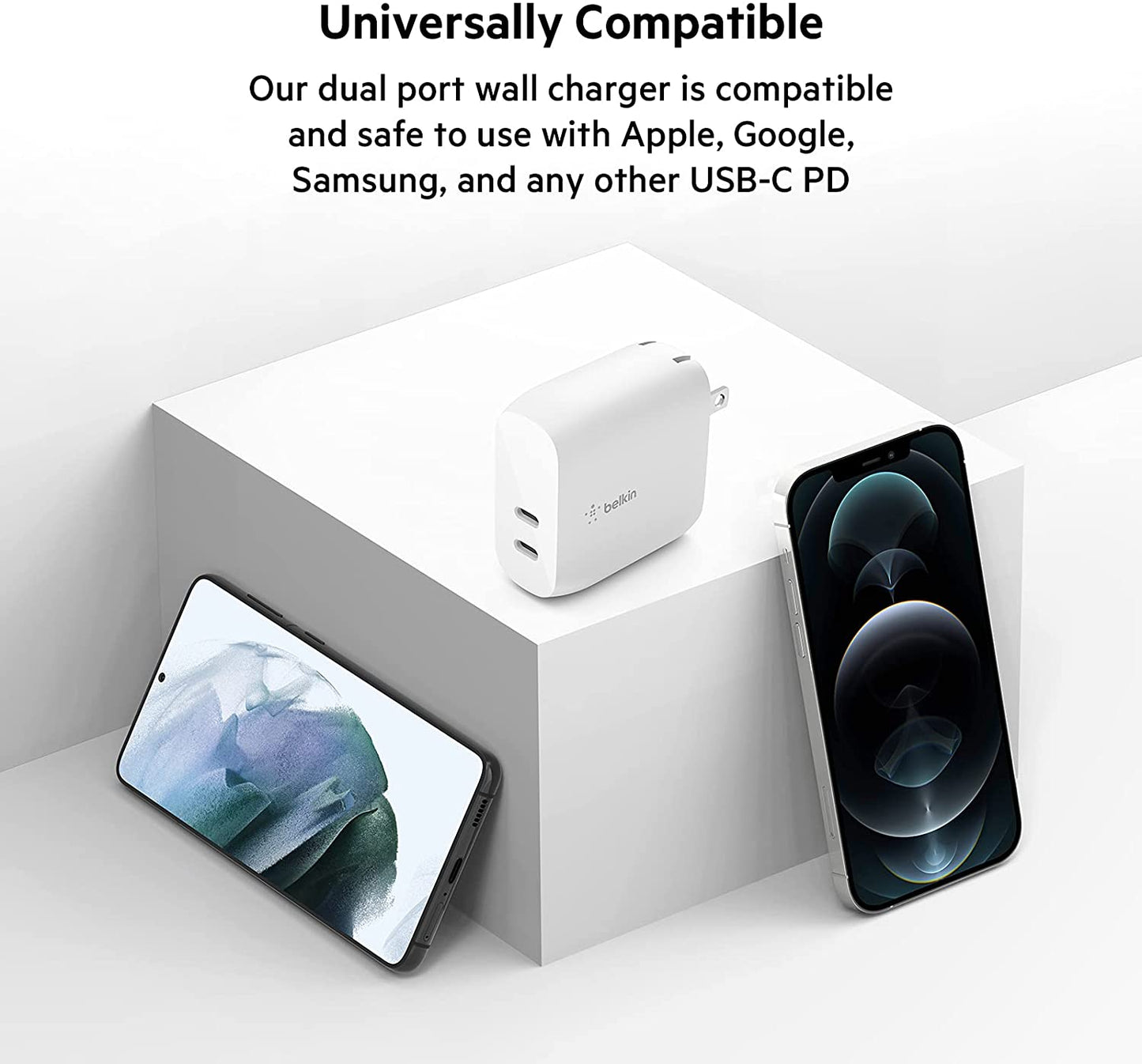 Belkin 40W USB-C PD Wall Charger, Dual USB-C Ports for 20W Per Port Fast Power Delivery Enabled Charging for iPhone 13, 13 Pro, 13 Pro Max, 12, 12 Pro, 12 Pro Max, Mini, iPad Pro, Galaxy, and More