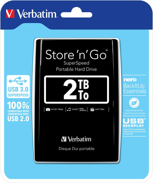 Verbatim Store N Go Portable Hard Drive, 2 TB, USB 3.0, 5, 400 Rpm, Black