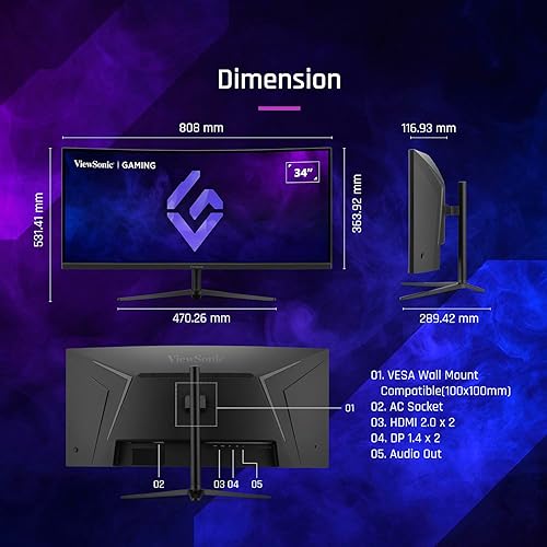 ViewSonic VX3418C-2K 34 Inch UltraWide QHD 1440p Curved Gaming Monitor with 180Hz, 1ms, 21:9, Advanced Ergonomics, FreeSync Premium, HDR10, HDMI, and DisplayPort Inputs
